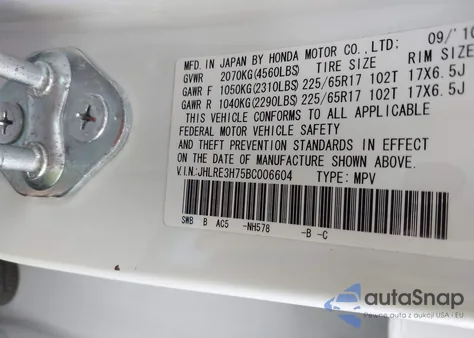 2011 Honda Cr-V Ex-L from USA, damaged, VIN JHLRE3H75BC006604